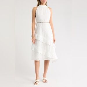 Sam Edelman Embroidered Eyelet High Neck Dress with Ruffle Hem, Size 8